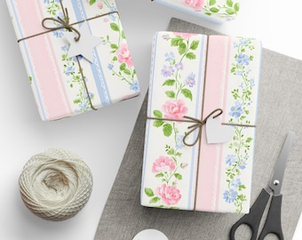 Cottagecore Pink Floral Wrapping Papers Gift Wrap, Pretty Feminine Shabby Chic Paper, Vintage Floral Strip Gift Paper, Luxury Wrap, B-day