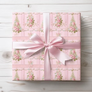 Pink Christmas Tree Rococo Floral Wrapping paper, Coquette Xmas Gift Supplies, Luxury Gift Paper, Gift Wrap for Her, Pink Floral Christmas
