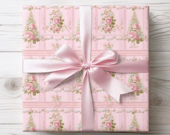 Pink Christmas Tree Rococo Floral Wrapping paper, Coquette Xmas Gift Supplies, Luxury Gift Paper, Gift Wrap for Her, Pink Floral Christmas