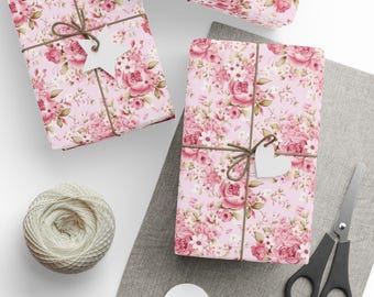 Pink Cottagecore Floral Gift Wrap, Wedding, Bridal, Birthday, Shower