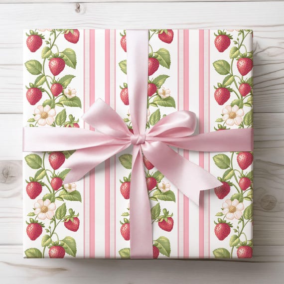 Wrapping Papers - Strawberry Gift Wrap for Her, All Occasion Paper, Spring Summer Gift Paper, Birthday Present, Cottagecore, Grandmillennial