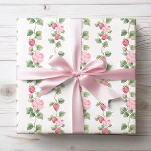 Strawberry Floral Wrapping Paper: Cottagecore Gift Wrap, Feminine, Elegant Sweet Party Supplies, Baby, Birthday, Shower