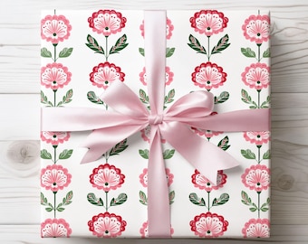 Pink Floral Block Print Gift Wrap, Mughal Pattern Luxury Paper