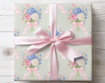 Gift Wrap, Coquette Bow and Bouquet Floral Wrapping Paper, Cottagecore Hydrangea Rose Pattern, Feminine Gift Wrap, Birthday, Wedding, Bridal
