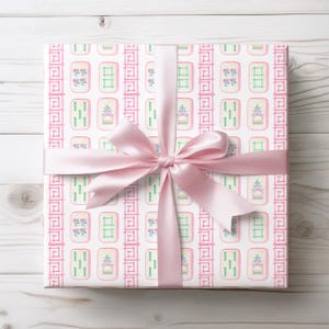 Wrapping Papers, Mahjong Gift Paper for Mahjongg Lover, Pink Tile Game Party Supplies, Luxury Birthday Wrap, Preppy Grandmillennial Design