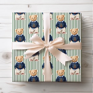 Preppy Christmas Wrapping Paper, Teddy Bear in Sweater