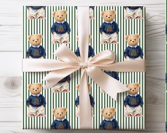 Preppy Christmas Wrapping Paper, Teddy Bear in Sweater