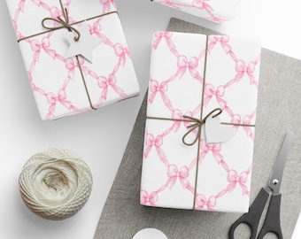 Watercolor Pink Bow Gift Wrap Paper, Feminine Ribbon