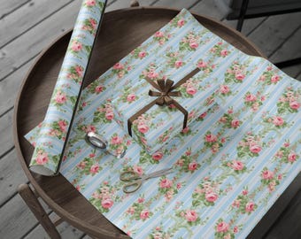 Rococo Floral Stripe Wrapping Paper, Light Blue & Pink Roses