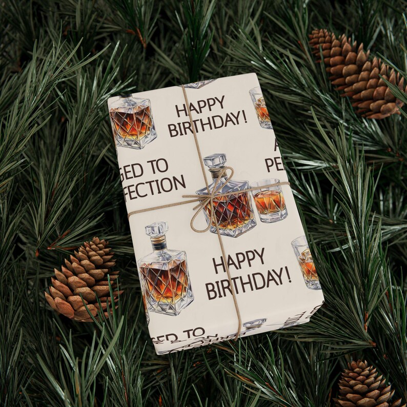Birthday Wrapping Papers, Aged To Perfection Whisky, Brandy, Cocktail, Gift For Him, Men's Gift Wrap, Happy Birthday Celebration Supplies image 6