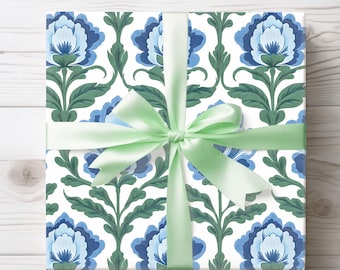 Blue Floral Block Print Gift Wrap, Folklore Mughal Floral Pattern Wrapping Paper