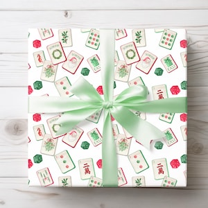 Christmas Mahjong Wrapping Papers, Mahj Tile Game Gift Wrap, Red Green Chinoiserie, Mahjongg Lover Luxury Gift Paper, Mahj Gift Exchange