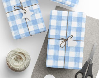 Wrapping Papers, Blue Gingham Gift Wrap for Baby, Birthday, Wedding & All Occasions, Preppy Grandmillennial Design, Gingham Gift Paper