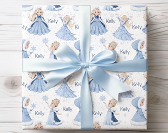 Papel de regalo para niña, papel de regalo de invierno de princesa de la nieve, papel de regalo infantil personalizado, rollo de papel de regalo de cumpleaños, papel de regalo de invierno personalizado