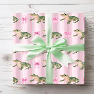 Wrapping Papers, Alligator and Pink Bow Design, Pink Pin Stripe Gift Wrap, Gift Packaging Supplies, Preppy Roll Wrap,Wrap For Girl, Birthday