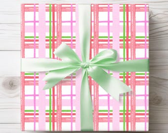 Pink Plaid Watercolor Wrapping Paper, Pink Christmas Gift Wrap, Preppy Birthday Paper, Gift Paper For Her