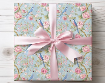 Papier cadeau floral chinoiseries, papier cadeau oriental de luxe bleu