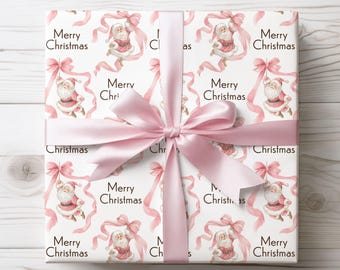 Pink Bow Santa Christmas Wrapping Paper | Coquette Wrap