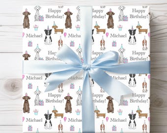 Papel de regalo personalizado para cumpleaños de perro, papel de regalo para fiesta de cachorros, papel de regalo con nombre