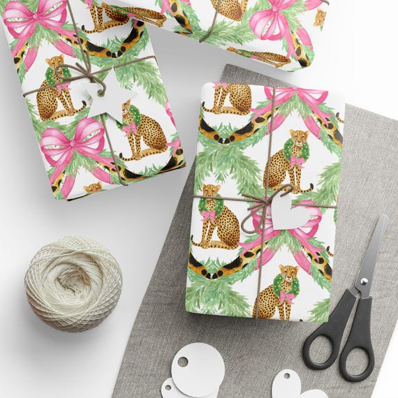Wrapping Papers, Cheetah Pink Preppy Christmas Gift Wrap, Watercolor Leopard Print Decorative Paper, Festive Luxury Holiday Wrap, Stylish