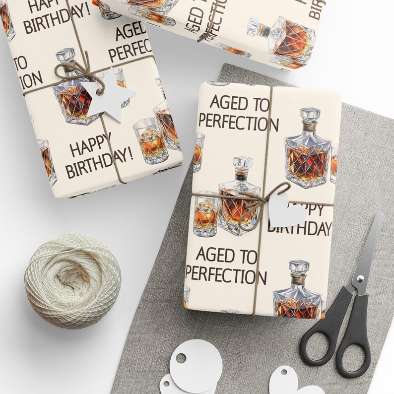 Birthday Wrapping Papers, Aged To Perfection Whisky, Brandy, Cocktail, Gift For Him, Men's Gift Wrap, Happy Birthday Celebration Supplies image 4