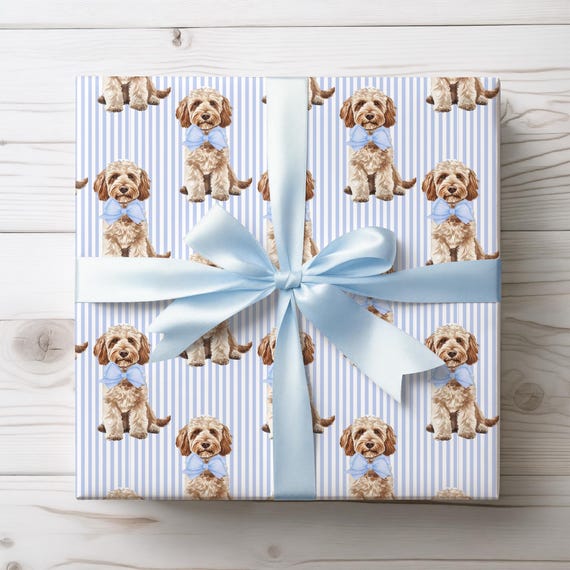 Goldendoodle Dog Wrapping Paper, Blue Preppy Pet Gift Wrap, Striped Wrap, Gift Wrap Birthday, All Occasion Paper, Dog Lover Gift Paper