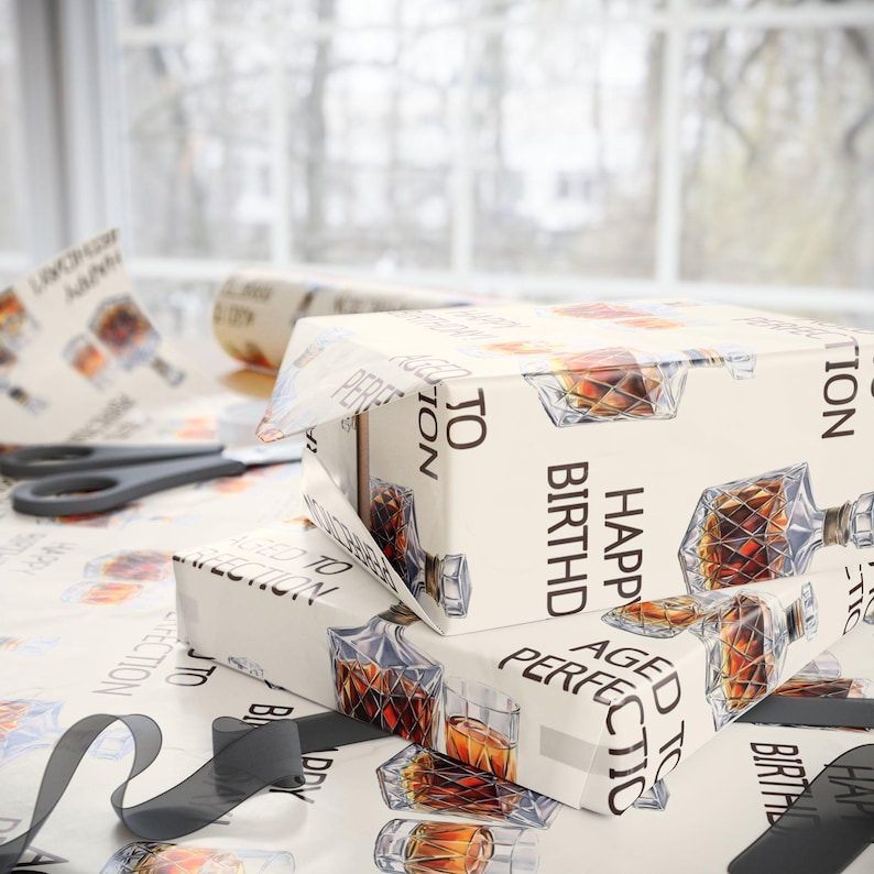 Birthday Wrapping Papers, Aged To Perfection Whisky, Brandy, Cocktail, Gift For Him, Men's Gift Wrap, Happy Birthday Celebration Supplies image 2