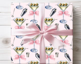 Roze martini-coquette strik inpakpapier, cocktailcadeauverpakking, feestdecor, vakantiecadeaupapier, verjaardagscadeauverpakking, verpakking
