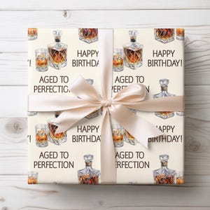 Birthday Wrapping Papers, Aged To Perfection Whisky, Brandy, Cocktail, Gift For Him, Men's Gift Wrap, Happy Birthday Celebration Supplies image 1