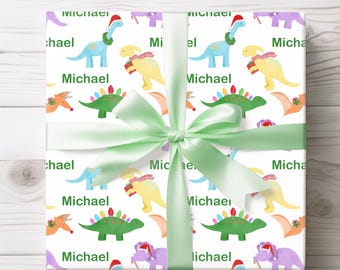 Personalized Dinosaur Christmas Wrapping Paper, Gift Wrap Name Boys, Custom Name Xmas paper Boy Dino, Holiday Gift Wrap, Kids Xmas Paper