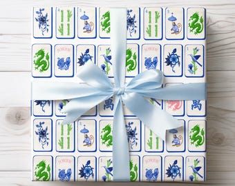 Blue Chinoiserie Mahjong Wrapping Paper, Mahjong Tile Gift Wrap, Grandmillennial Gift Wrap, Mahjong Party Gift Paper, Mahj Gift Supplies
