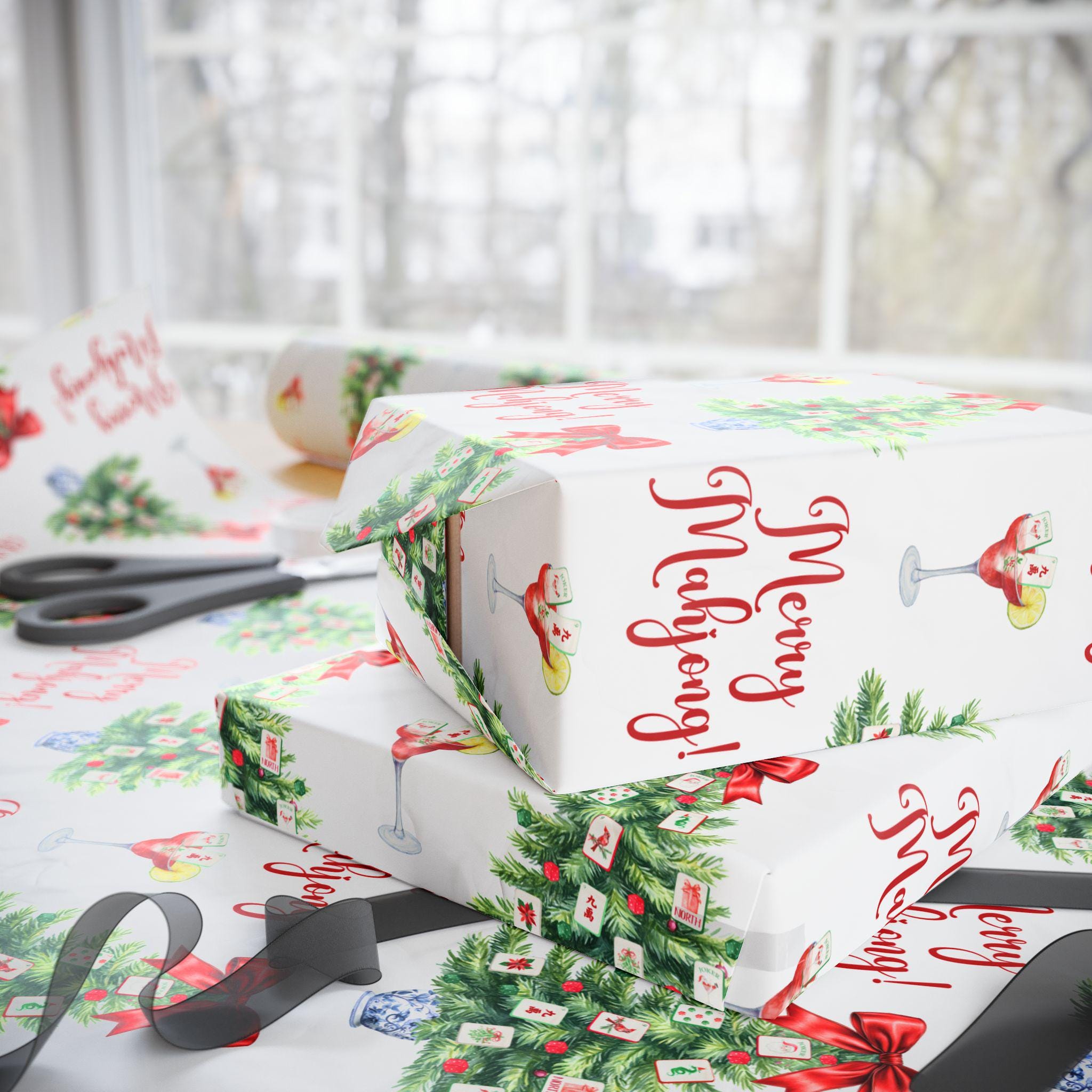 Mahjong Wrapping Papers, Xmas Gift Wrap, Holiday Tile Game Mahj Paper, Christmas Wrapping Paper, Luxury Wrap, Mahjongg League Gift Exchange
