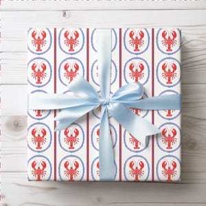 Gift Wrap, Lobster Wrapping Paper Preppy New England Main Nantucket Theme Red Blue, Gender Neutral, Roll Wrap, All Occasion, Coastal Beach