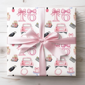 Cadeaupapier, inpakpapier 16e verjaardag, zestiende, zestiende verjaardag rolverpakking, rijbewijs, wettelijke leeftijd rijden, Sweet Sixteen, luxe cadeau