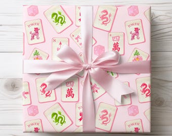 Wrapping Papers, Mahjong Gift Paper,Mahjongg Lover, Pink Tile Game Party Supplies, Luxury Birthday Wrap,Preppy Grandmillennial Coquette Mahj
