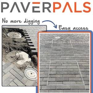 Könnte beinhalten: Ein Vergleich von zwei Bildern, der den Unterschied zwischen traditionellem Zugang zu Versorgungsleitungen und einem neuen System namens "PaverPals" zeigt. Das erste Bild zeigt einen Erdbereich mit mehreren Versorgungsdeckeln, die ausgegraben wurden. Das zweite Bild zeigt einen gepflasterten Bereich mit Versorgungsdeckeln, die leicht zugänglich sind, ohne zu graben.