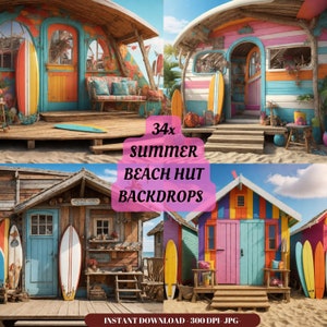 Tropical Beach Digital Backdrop shuck surfboard colorful summer background photography kids holiday props bungalow sand overlay hut shoot