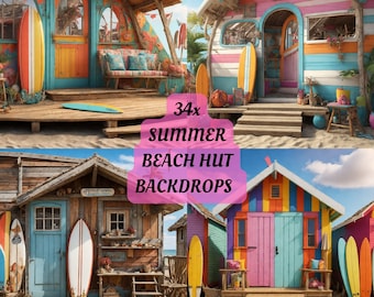 Tropical Beach Digital Backdrop shuck surfboard colorful summer background photography kids holiday props bungalow sand overlay hut shoot