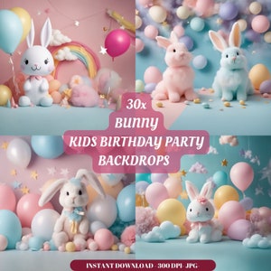 Birthday Party Digital Backdrop Bunny Easter Balloons Backdrop Photography Baby Kids Background Party Props Baby Shoot Rabbit Overlay Child