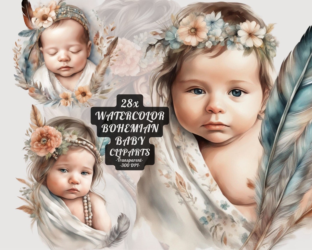 Boho Newborn Baby Clipart Watercolor Png: "boho BABY Clipart" Bohemian ...