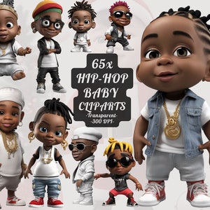 Clipart de bebé negro, niño pequeño, clipart chibi, bebé rap, kawaii, gánster, hip hop, clipart imprimible.
