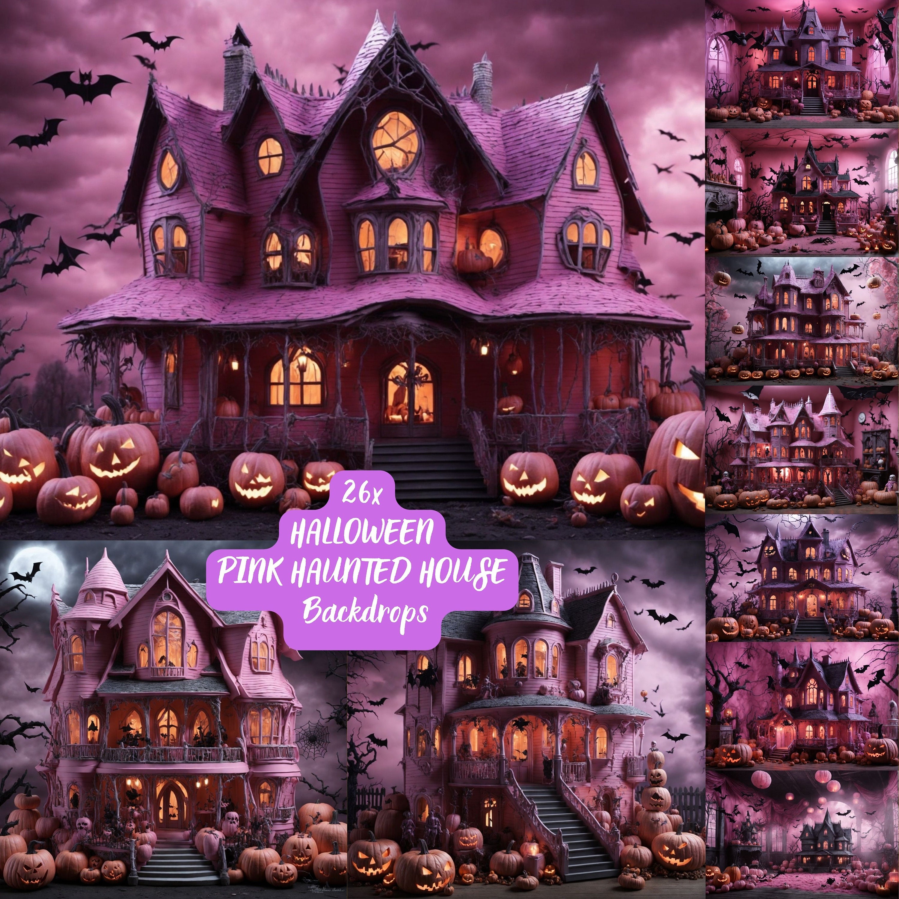 Halloween Backdrop Pink Haunted House Party Decor Kids Digital