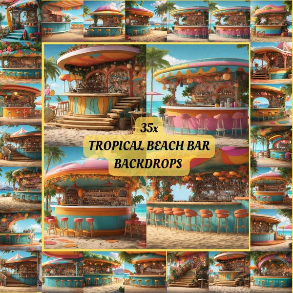 Tropical Beach Bar Digital Backdrop summer colorful holiday props background whimsical photography backdrop sand studio overlay print pub