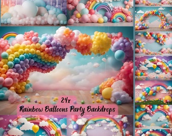 Rainbow Balloons Digital Party Backdrop Photography Background Birthday Party Overlays Balloons Kids Party Decor Birthday Backdrop Overlay