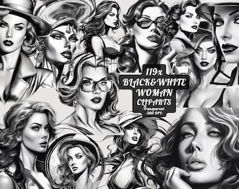 Black White Woman Clipart Png Beautiful Woman Clipart Girl Retro Lady Vintage Realistic Woman Fashion Sketch Printable for Wall Decor Canvas