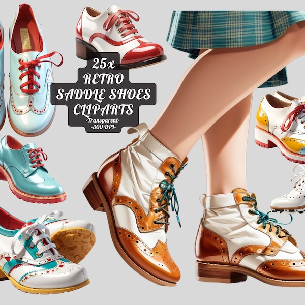 Retro saddle shoes clipart png 3d vintage saddle shoes clipart bundle, printable 1950s dance shoes for tshirt collage sheet scrapbooking