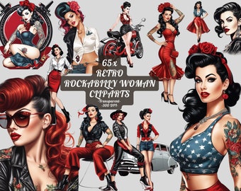 Retro charm: Rockabilly woman clipart png vintage pin-up girl clipart 1950s old fashioned woman rock and roll Tattooed Lady fashion style