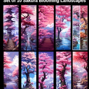 10x Sakura Blooming Season Landscapes Digital Bookmarks Floral Colorful, Digital, Printable, Instant Download Bookmark