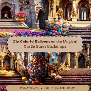 Princess Castle Staircase Backdrop, Colorful Balloons, Castle Stairs for kids portrait, magical castle, princess castle backdrop,