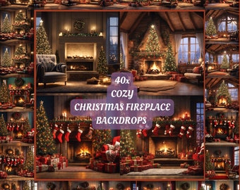 Fireplace Room Christmas Digital Backdrop tree stockings presents christmas tree cozy photography background props studio overlay new year